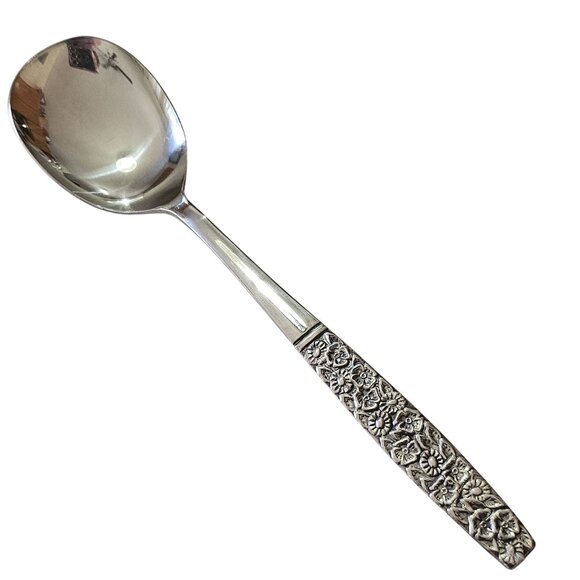 Rogers Fragrant Rose Spoon 6" stainless MCM Mod daisy floral Japan 70s vtg - Picture 1 of 8